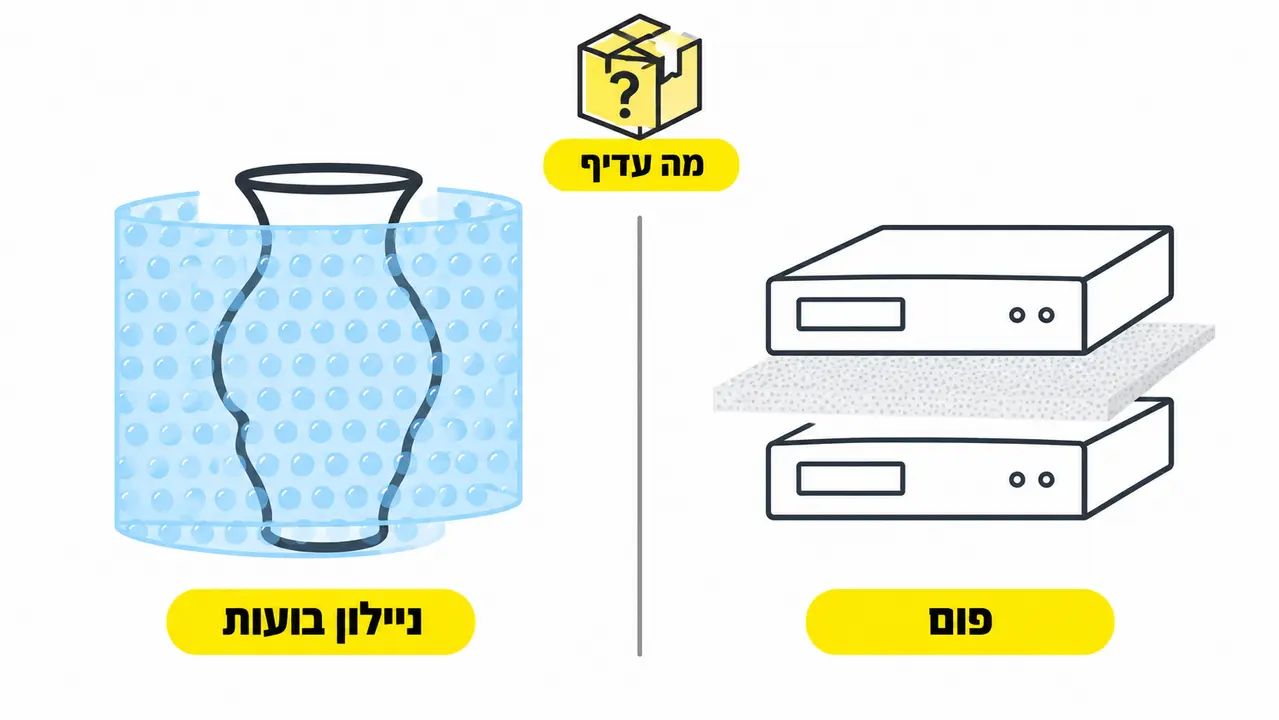 ‏השוואת חומרי אריזה: ניילון בועות או פום