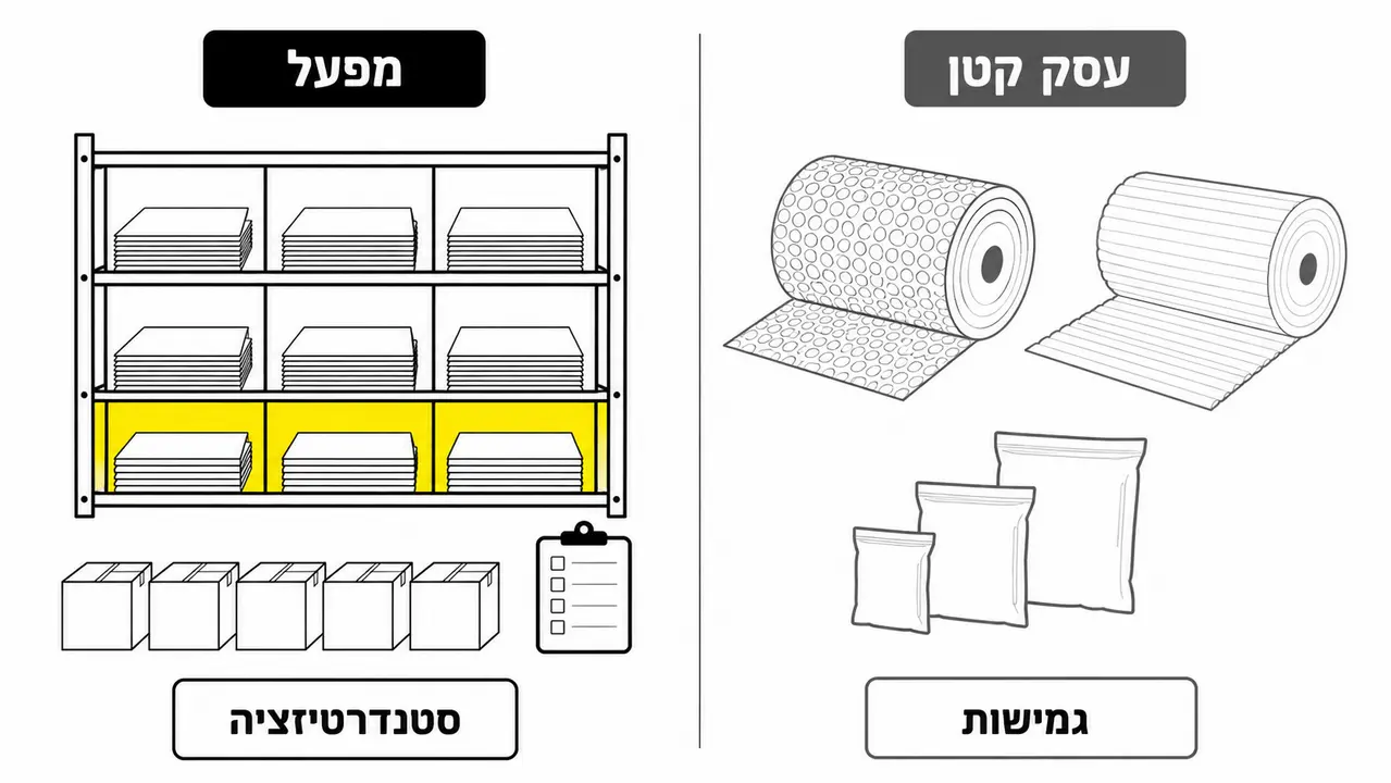 מה צריך לכלול סט חומרי אריזה לעסק קטן לעומת מפעל?